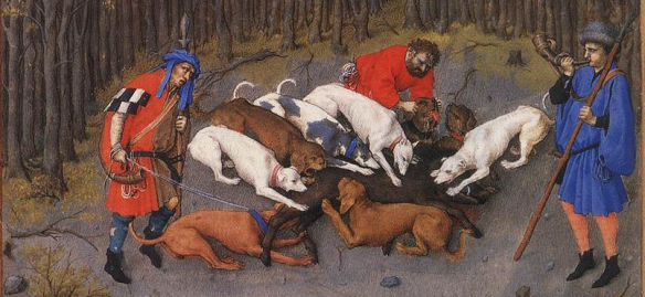 Les très riches heures du Duc de Berry, Lymer, raches and greyhounds at the curre