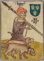 A hunter from 1455, doubling up the rope to two dogs.